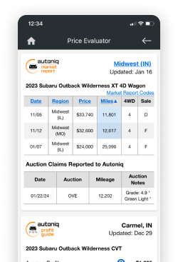 A screenshot of platform showcasing autoniq products such as autoniq market report and autoniq profit guide